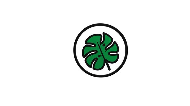 Green Monstera Leaf Icon in Circle, Tropical Plant Symbol, Nature Emblem