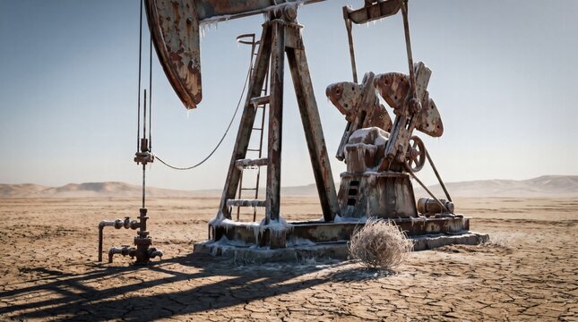 Rusty oil pump jack covered in frost in a desolate cracked desert landscape, representing abandoned energy industry and environmental decay.