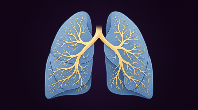 Detailed illustration of human lungs with branching airways and pulmonary vessels