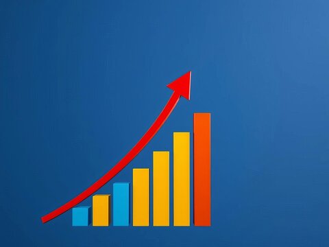 Upward-pointing red arrow rising above a histogram with bars representing business growth, development, success