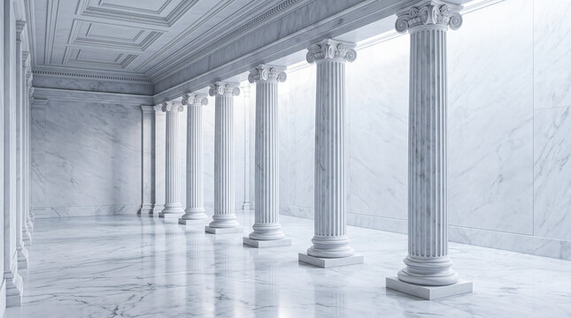 Classical white marble colonnade with massive fluted columns and ornate coffered ceiling along grand corridor inside historic courthouse or museum