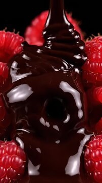 Delicious liquid dark chocolate pouring over fresh ripe red raspberries against a dark background