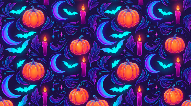 Seamless halloween pattern with pumpkins, candles, bats, and crescent moon.
