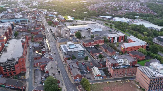Aerial video of Union Street Tram Corridor and Town Centre Buildings in Oldham, Greater Manchester. 