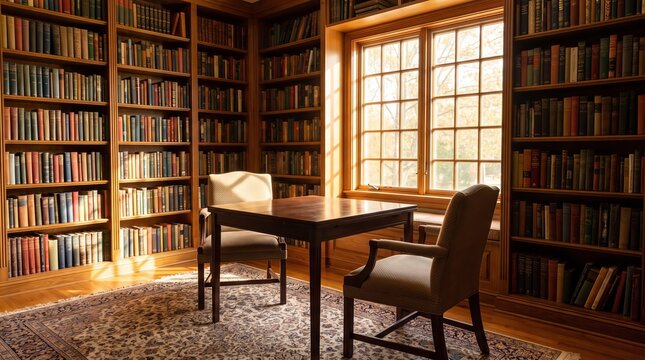 Sunlit cozy elegant home library with large window, bookshelves with books, suitable virtual meeting background