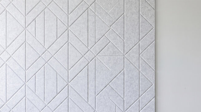 Detailed close view showing modern architectural acoustic soundproofing panels featuring geometric diamond patterns covering interior wall surface inside minimal contemporary room