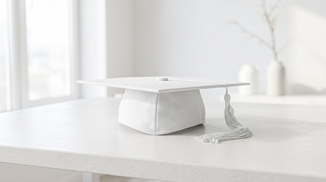 White academic mortarboard headwear featuring hanging tassel resting atop pale desk surface near window inside modern indoor study area during daytime