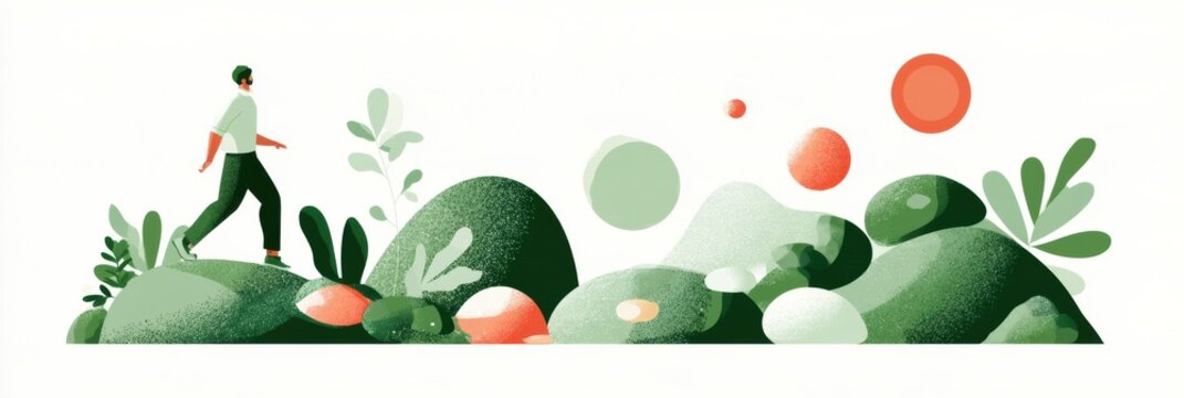 A digital illustration shows a wellness path with markers for habit formation and achievements. Clean design with space for text.