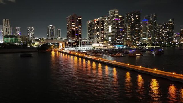Aerial view of Miami skyline at night, United States.