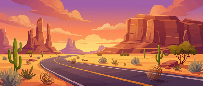 Winding Desert Road through Monument Valley at Sunset, Arizona Southwest Landscape Illustration with Red Rock Mesas, Cacti and Tumbleweeds