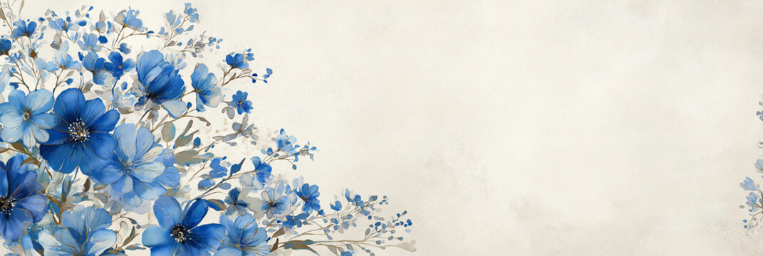 Blue painted watercolor flowers and leaves decorate the right corner of a clean light background banner.