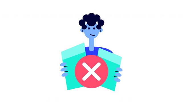 Confused man holding rejected documents with red cross