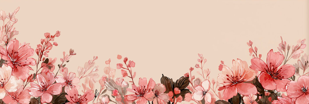 Delicate pink watercolor cherry blossom flowers frame bottom border of plain beige background.
