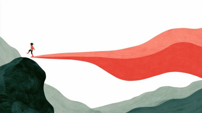 A small child figure bounces back from an obstacle on a straight path. The warm colors show the journey to confidence and strength.