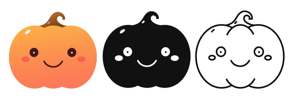 Cute orange pumpkin with a smile. Autumn decor elements for holiday designs. Vector illustration.