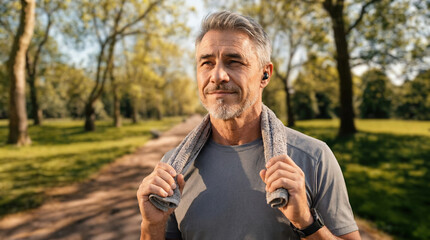 Senior man doing sport activity in city park. Sporty middle aged 50s male with gray hair having...