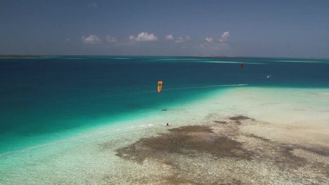 Aerial view of kitesurfing in Los Roques archipelago, Venezuela.