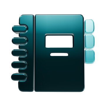Glossy teal 3d of a spiral bound notebook with side index tabs on a solid black background