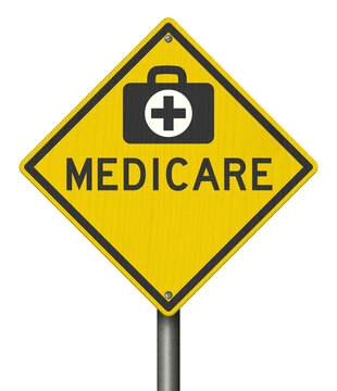 Medicare yellow warning sign isolated on white