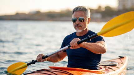 Middle aged man paddling sea kayak in bay. Sporty, muscular senior male in sunglasses rowing....