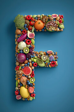 An assortment of colorful fruits and vegetables arranges into the letter F on a blue surface.