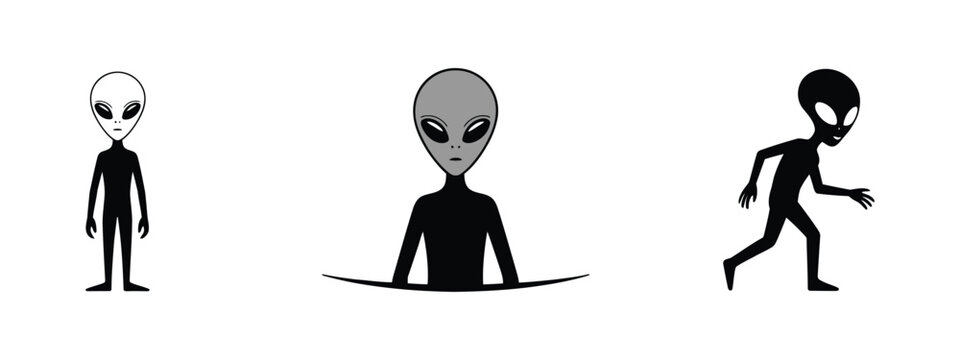 Alien silhouette icons depicting extraterrestrial figures, mysterious space creatures, science fiction characters, cosmic symbols, and otherworldly fantasy concepts.
