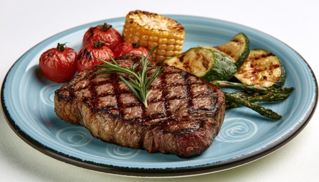 Grilled Lamb Chops with Fresh Vegetables, Gourmet Meat Dinner with Roasted Tomatoes, Salad and Sauce on a Plate