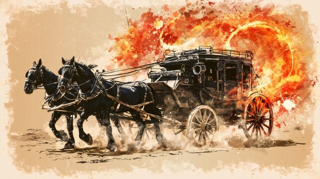 Horses pulling stagecoach in western fire action