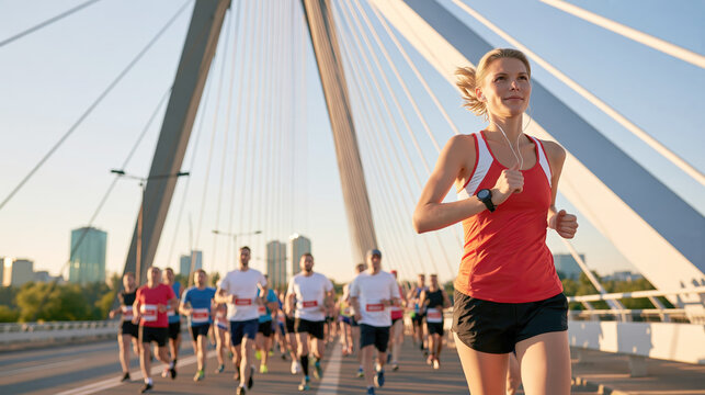 Female runner jogging confidently on bridge during outdoor marathon race