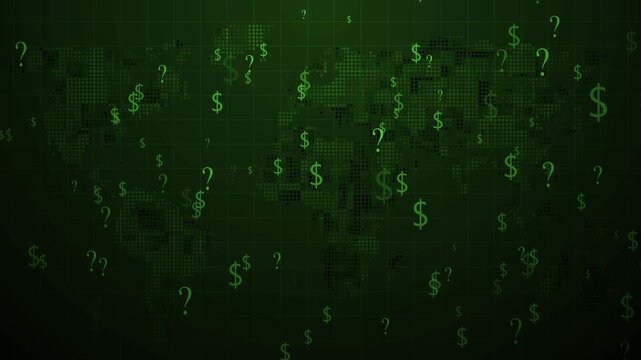 Global finance uncertainty with dollar and question symbols, Dark world map with floating dollar signs and question marks animation, symbolizing global finance uncertainty risk and economic challenges