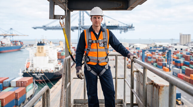 Dock worker in safety harness on elevated port platform, fall protection and cargo terminal safety, port logistics and maritime vessel handling