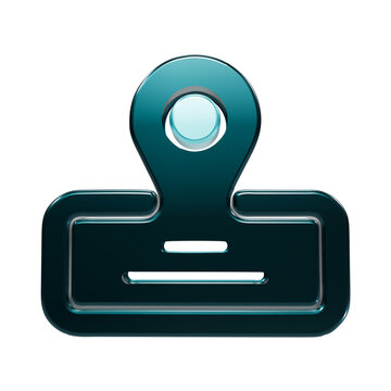 Shiny teal map pin location with rounded rectangular base isolated on a black background