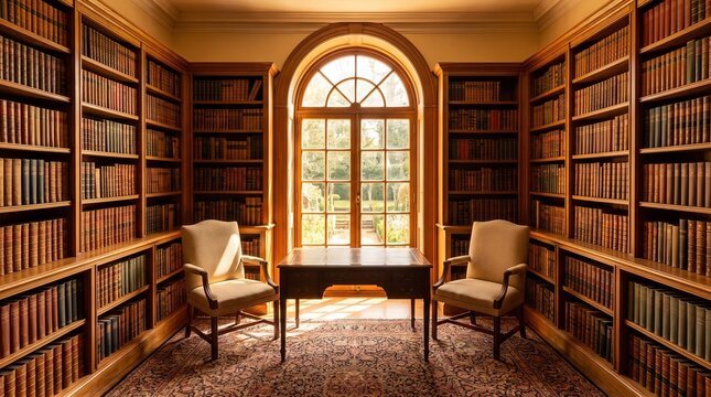Sunlit cozy elegant home library with large window, bookshelves with books, suitable virtual meeting background