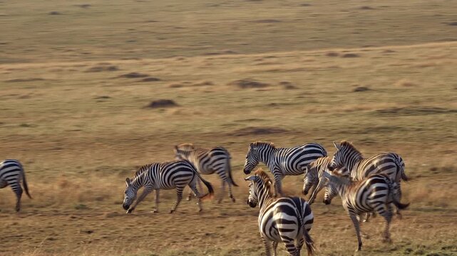 Herd of plains zebras running across Maasai Mara savanna, Kenya
