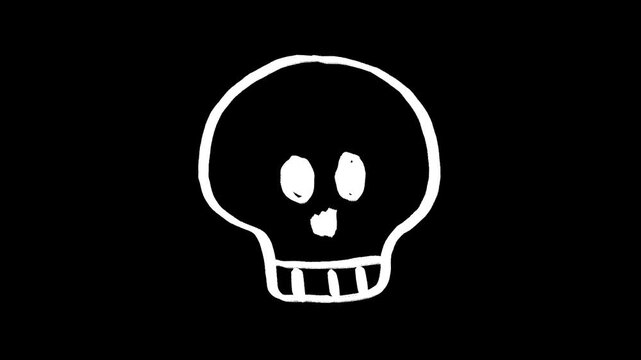 Skull hand drawn animation, animated skeleton head motion design illustration, spooky halloween horror bone drawing