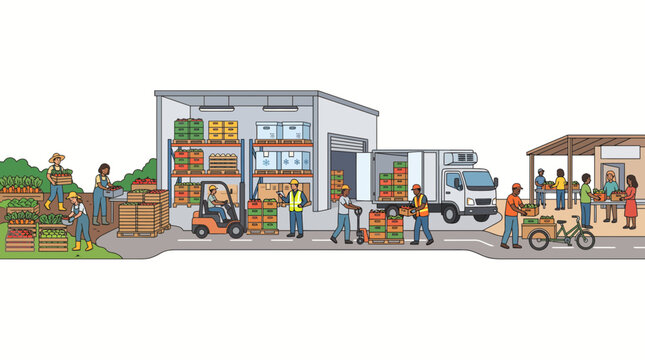 Illustration showing the supply chain process from farm harvesting to warehouse storage and distribution.