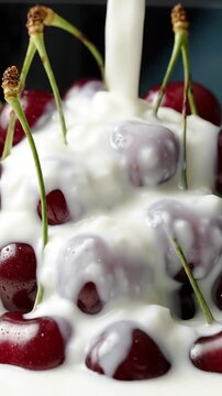 Fresh ripe sweet cherries being covered in a smooth pour of creamy white milk in a close up shot