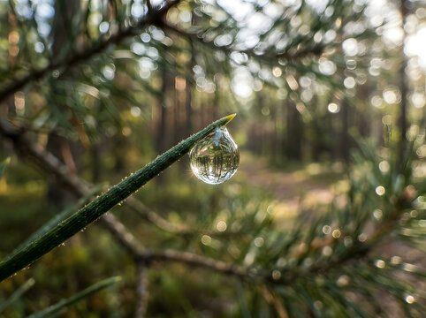 Clear dewdrop hanging from a green pine needle in a soft focus forest setting