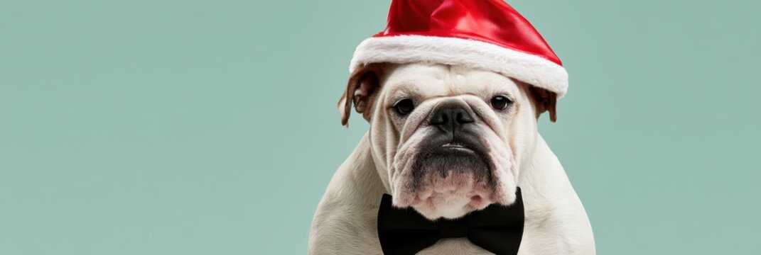 Amusing domestic puppy posing in glossy Santa red cap with elegant neckwear. Comical doggy personage for seasonal winter sales invitation postcards, creative pastel backdrop social media ad template.