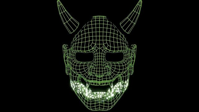 3D Wireframe Neon Green Hannya Oni Demon Mask Glitch Animation