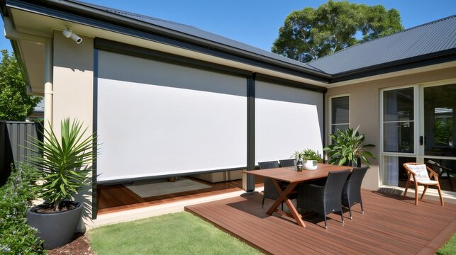 Modern outdoor patio blinds providing shade and privacy
