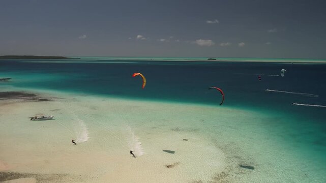 Aerial view of kiteboarders in Los Roques archipelago, Venezuela.