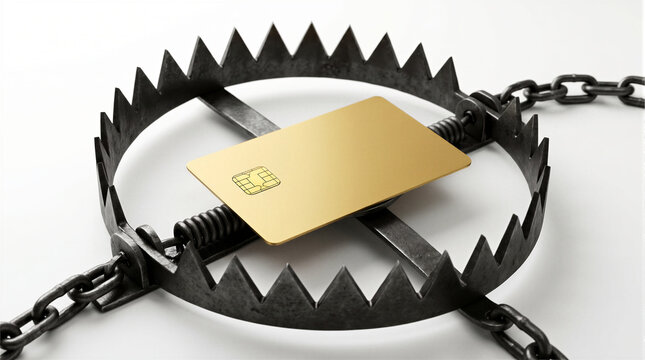 Gold credit card placed inside a sharp metal bear trap, conceptual 3D render representing financial debt risk, credit card trap, hidden fees, banking hazards and economic vulnerability.