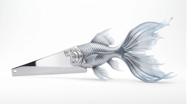 Surreal hybrid sawfish with metallic hand saw blade integrated into silver fish body, conceptual 3D render representing bionic animals, literal wordplay and tool nature fusion.