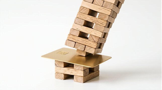 Wooden block tower collapsing over a gold credit card base, conceptual 3D render representing real estate financial risk, mortgage crisis, unstable debt and construction collapse.