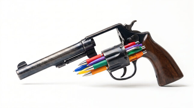 Revolver firearm loaded with colorful pens instead of bullets in cylinder, conceptual 3D render representing power of journalism, fake news, weaponized words and press freedom.