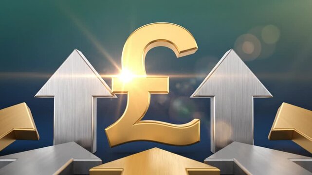 British pound sign surrounded by golden and silver arrows pointing upwards signifying financial growth and rising value