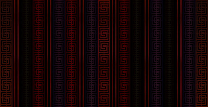 Dark red greek key pattern background with vertical geometric lines and subtle meander border designs for elegant luxury themes.