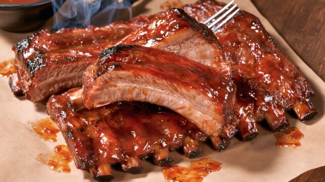 Barbecue pork ribs smoking on brown paper with sauce