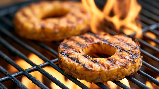 Delicious sweet pineapple rings Ananas comosus cook over hot barbecue grill grate with open flame for summer tropical dessert and food recipe